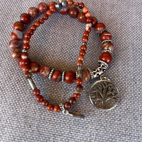 Red Jasper Beaded Bracelet Set w/ Tree of Life & Leaf Charms - Picture 5 of 5